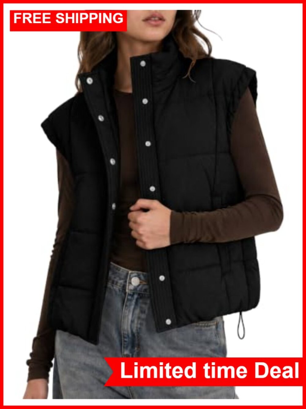 Lightweight Cropped Stand Collar Padded Puffer Vest Snap Button Drawstring